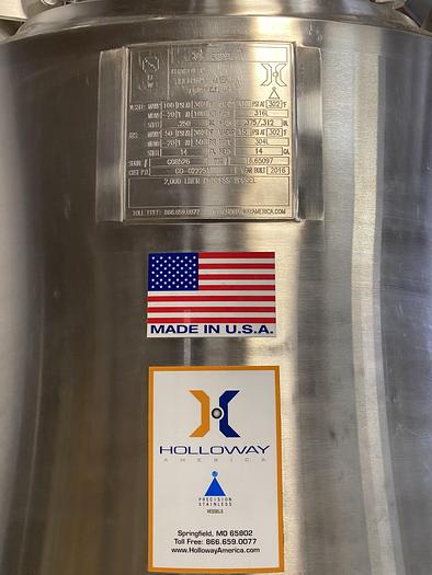 Used Holloway  2000 Liter Stainless Steel 100 PSI Jacketed Process Vessel w/ Agitator