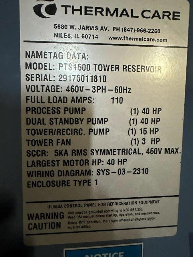Used 2018 - 1600 Gallon Thermal Care PTS-1600 Closed Loop Chiller/Cooling System