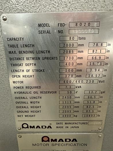 Used 1987 - 88 Ton Amada FBD-8020 CNC Press Brake