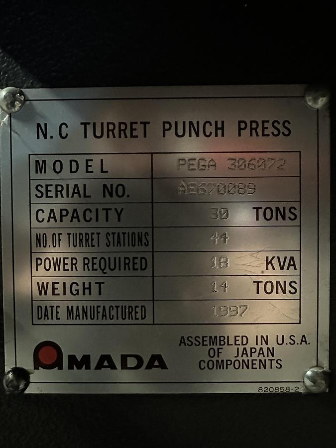 Used 1997 - 33 Ton Amada Pega 357 CNC Turret Punch