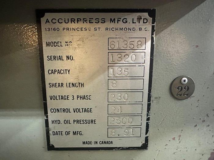 Used 1991 - 10 ga. x 8' Accurshear Hydraulic Squaring Shear