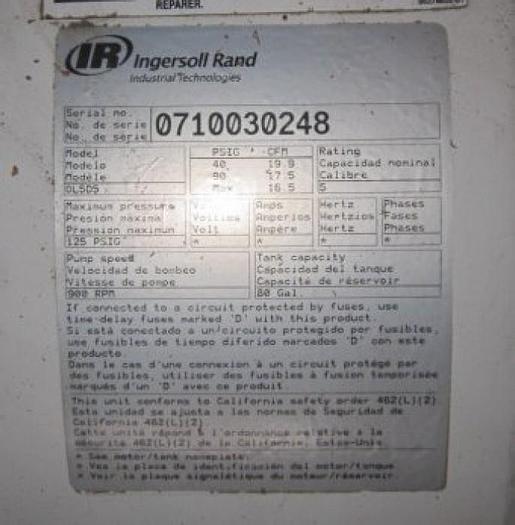 Used Compressor, Air, 5 HP, Ingersoll, Mdl OL5, 80 Gallon Tank, #S738731