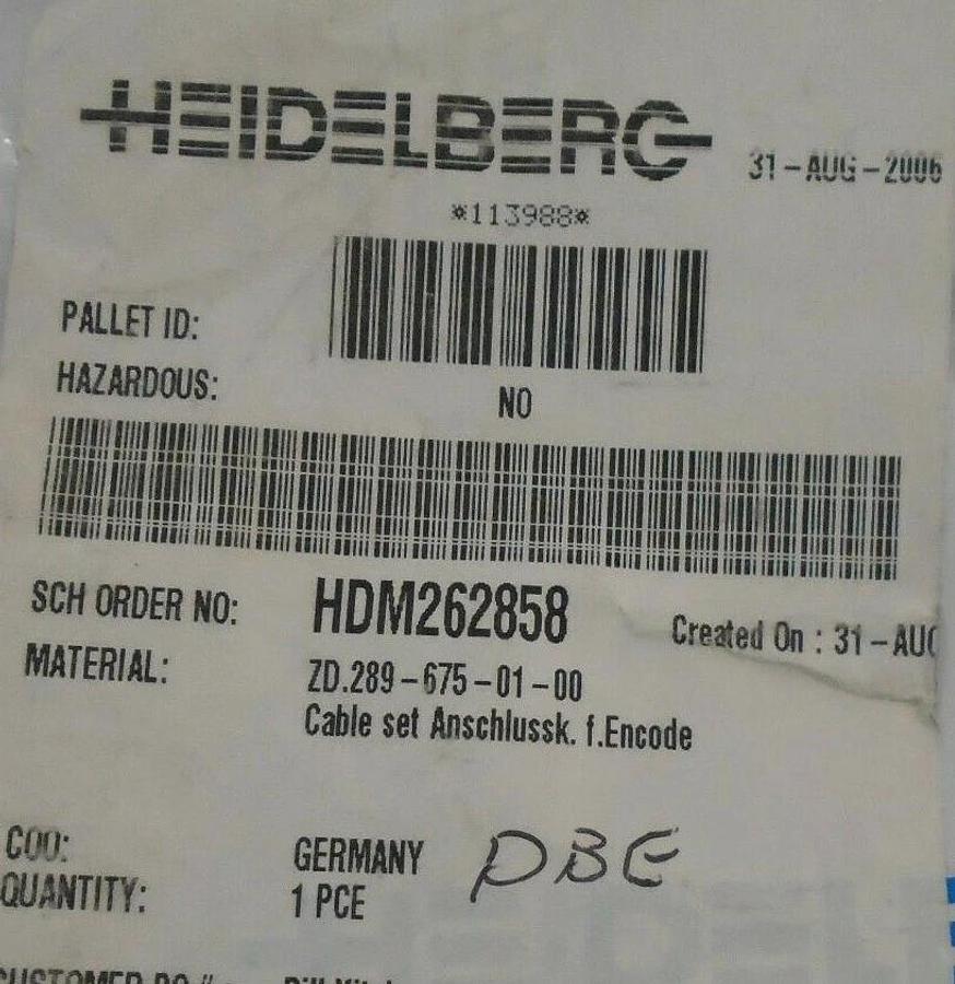 Heidelberg Cable for Encoder, Part #ZD.289-675-01-00