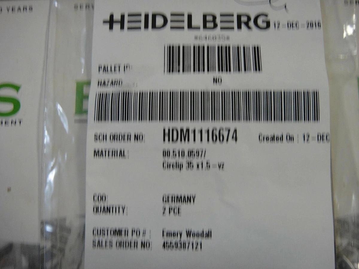 Used Heidelberg Printmaster 46 Circlip, Part #005100597