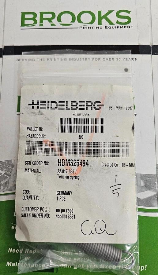 Used Heidelberg Tension Spring, Part #22.017.038