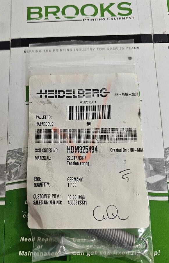 Used Heidelberg Tension Spring, Part #22.017.038