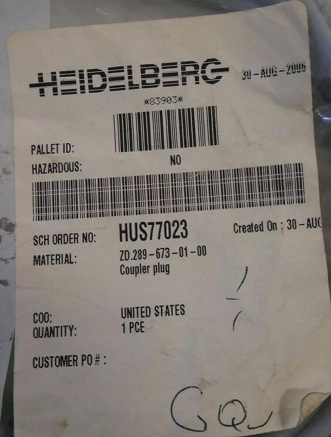 Heidelberg Coupler Plug, Part #ZD.289-673-01-00