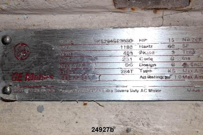 Used General Electric 5KS284SE3689 Ac Motor, 15Hp, 1180Rpm, 460 Volts, 60Hz, 1.0 Sf, 284T Frame, Code G, Design B, 91.7% Efficiency, 76.5% Pf #24927