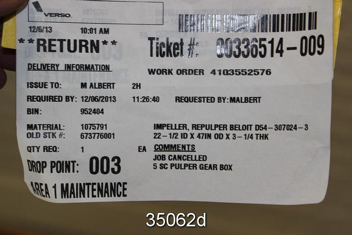 Unused Beloit D54 Shark Pulper Rotor, 6-Vane Unused #35062