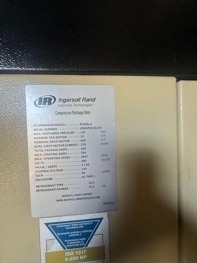 Used Ingersoll Rand Air Compressor Model R160N-A