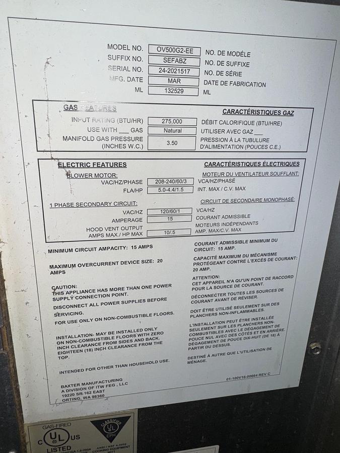 Used Baxter Double Rack Oven gas