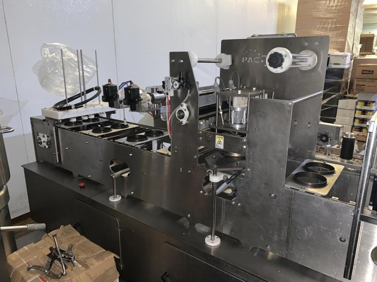 Used PacTec Model PT2S Inline S/S Dual Lane Cup Filler and Sealer
