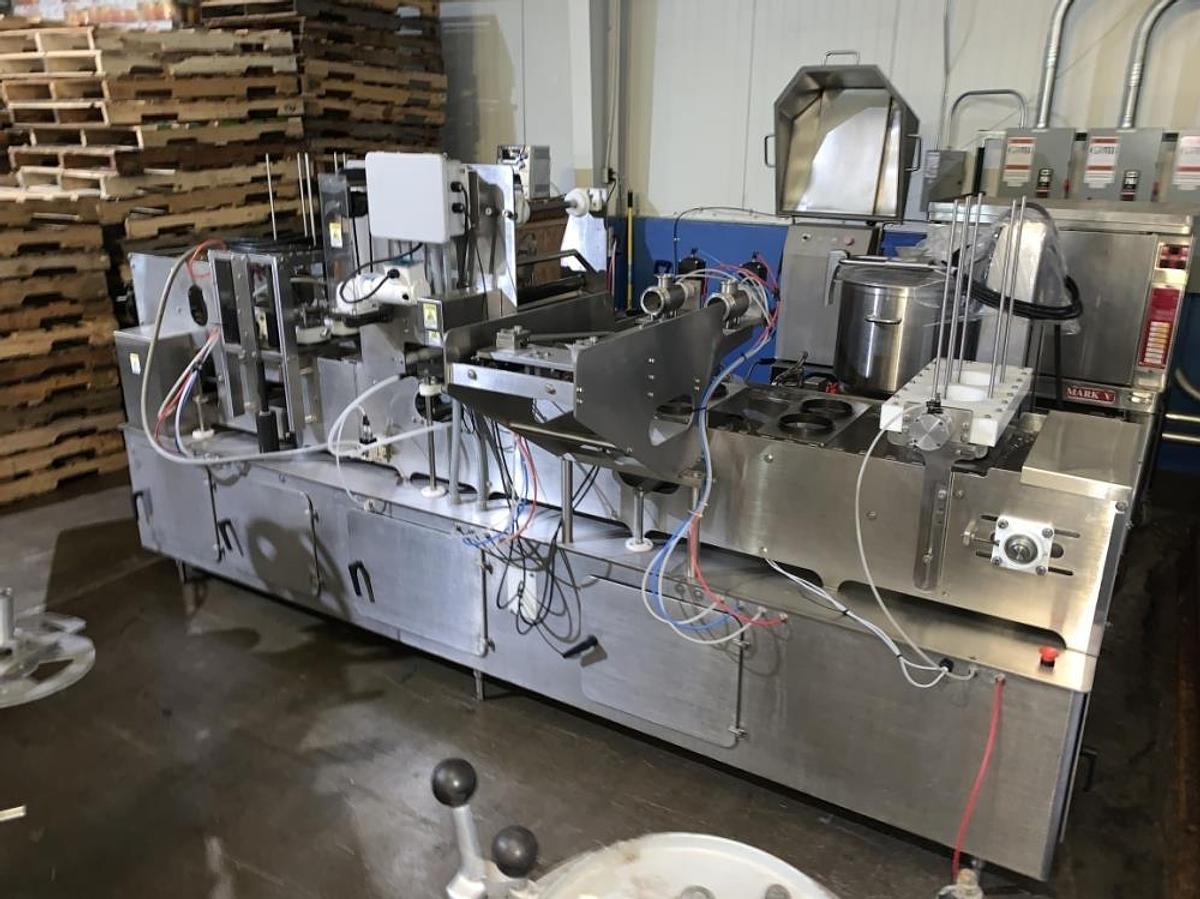 Used PacTec Model PT2S Inline S/S Dual Lane Cup Filler and Sealer
