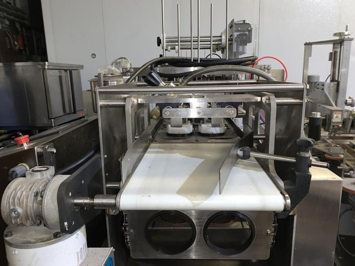 Used PacTec Model PT2S Inline S/S Dual Lane Cup Filler and Sealer