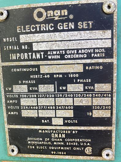 Used Natural Gas / Propane Onan Waukesha 115kw 3 phase 480 Volt