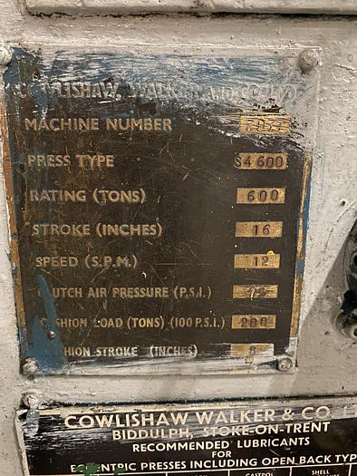 Used Cowlishaw Walker 600-ton Single Action Mechanical Press