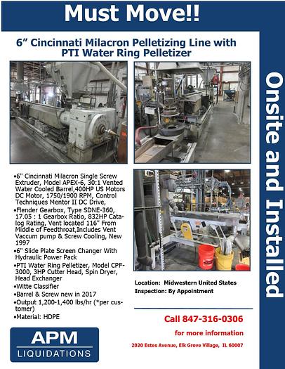 Used 6" Milacron Pelletizing Line with PTI Water Ring Pelletizer