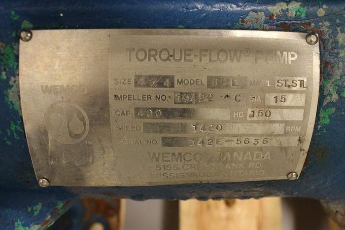Used WEMCO MDL BPE 4X4X15 TORQUE FLOW PUMP S/S