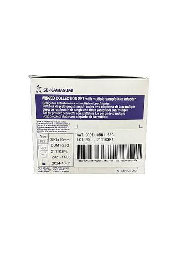Kit de recolección de sangre alada SB-Kawasumi de 25 G con adaptador luer para múltiples muestras y agujas mariposa DBMI-25G