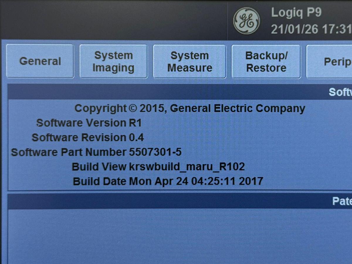 Used GE LOGIQ P9 YOM: 2016 R1 with Convex C1-5-RS YOM: 2022 and Linear Probe 9L-RS YOM: 2018