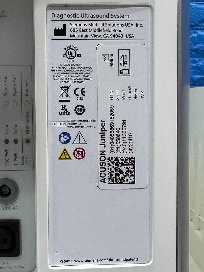 Used Siemens Healthineers Acuson Juniper Ultrasound YOM: 2018 Probe 10V4 YOM: 2018 16L4 YOM: 2019 18H5 YOM: 2018