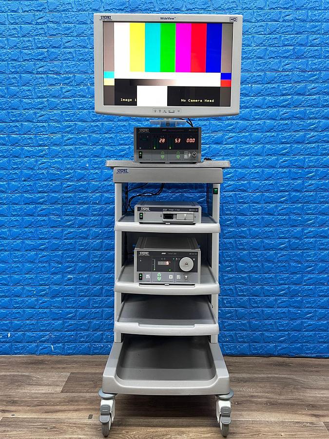 Used Karl Storz Laparoscopy Tower Karl Storz 24Inch LCD Monitor  Karl Storz Endoflator  Karl Storz Xenon 300 Karl Storz Image 1 Hub Karl Storz H3 Camera Head