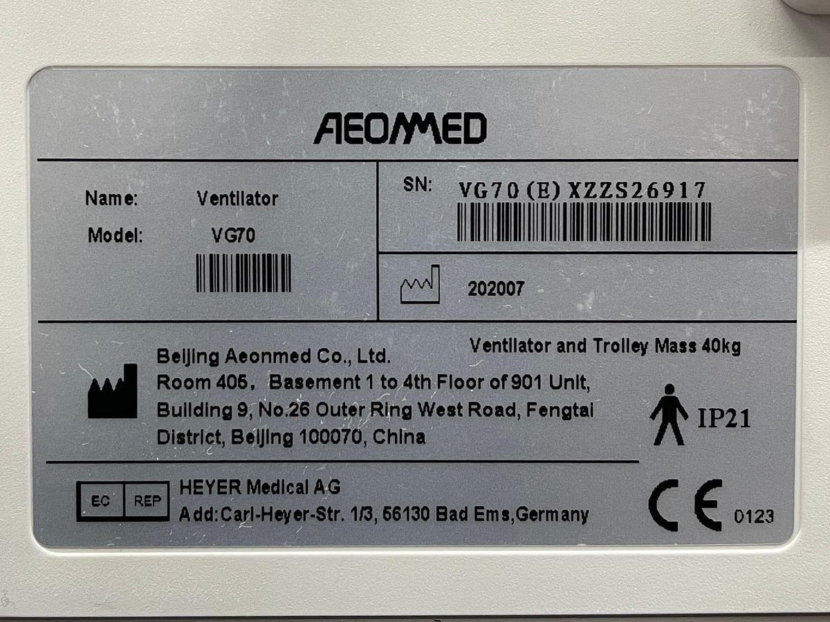 Used Aeonmed Ventilator VG 70, YOM: 2020, Include: Fisher and Paykel