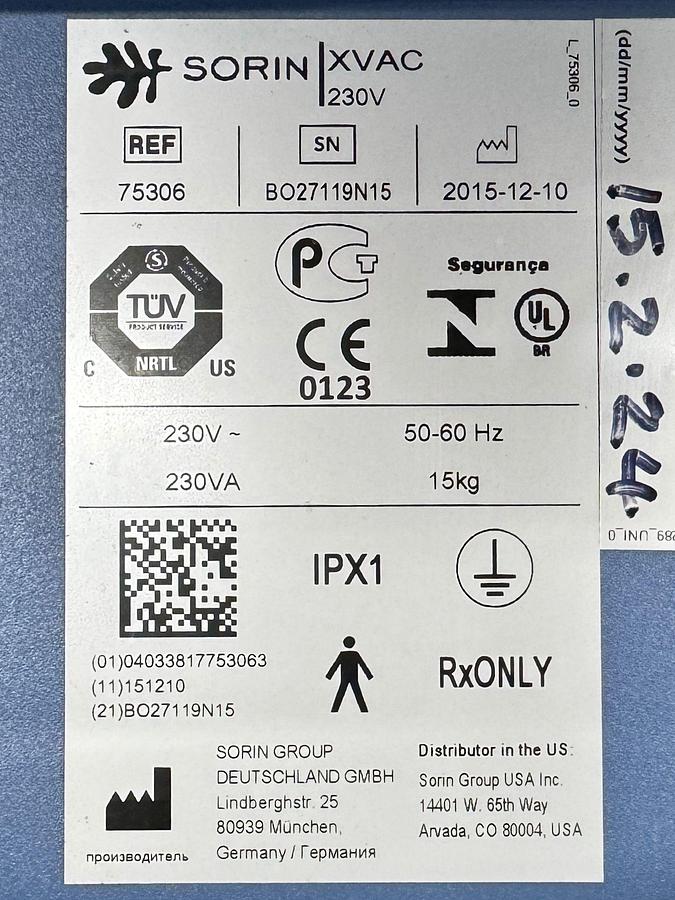 Used Sorin Xtra Auto Transfusion System REF: 75220 YOM: 2013 SN: BO22976  L13 Include Sorin Xvac Pump REF: 75306 YOM: 2015 SN: BO27119N15