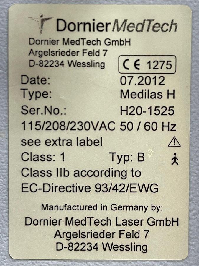 Used Holmium Laser Dornier Medilas H 20 YOM: 2012  Include Foot switch
