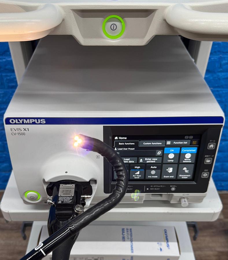 Used Olympus Evis X1 CV-1500 Endoscopy with Gastro GIF-HQ190 / Colono CF-HQ190L Includes: Olympus Evis X1 CV-1500 Processor Olympus MAJ-1921 Keyboard Olympus OFP-2 Flushing Pump Olympus UCR Gas Insufflator with hose Olympus MAJ-901 Water Bottle Olympus GIF-HQ190 Gastroscope with case and Air/Water/Suction valve Olympus CF-HQ190L Long Colonoscope with case and Air/Water/Suction valve
