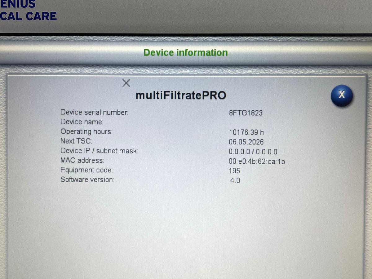 Used FRESENIUS MultiFiltratePro Dialysis Machine Low Working Hours YOM: 2018