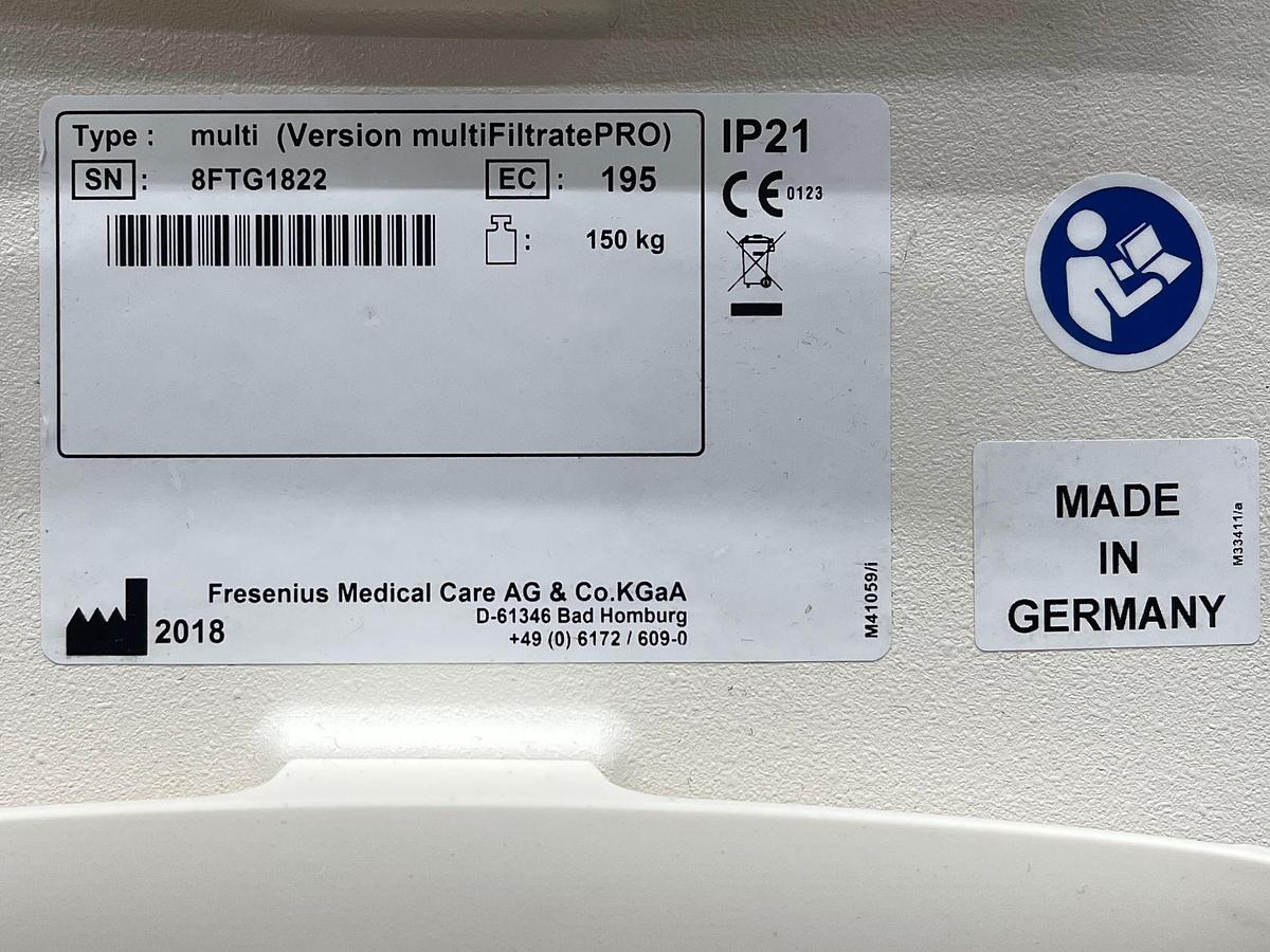 Used Fresenius Multi Filtrate Pro Dialysis Machine YOM: 2018 Hours: 9792 YOM: 2018 Hours: 10176