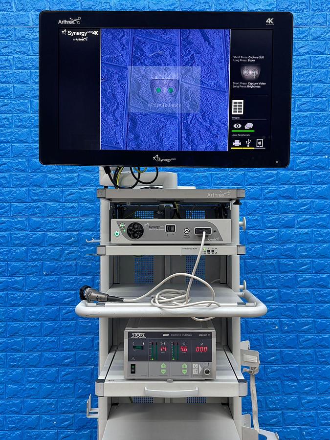 Used Arthrex 4K Laparoscopy Tower - LED 4K Monitor 32 inch YOM: 2018  - Synergy UHD4 4K Vision LED Image Processor  - Arthrex 4K Ultra Autoclave Camera Head    - Karl Storz Endoflator   - Arthrex Trolley