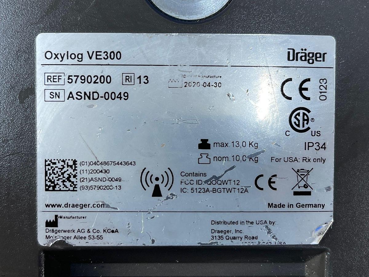 Used Dräger Oxylog VE300 Hours: 62 YOM: 2020