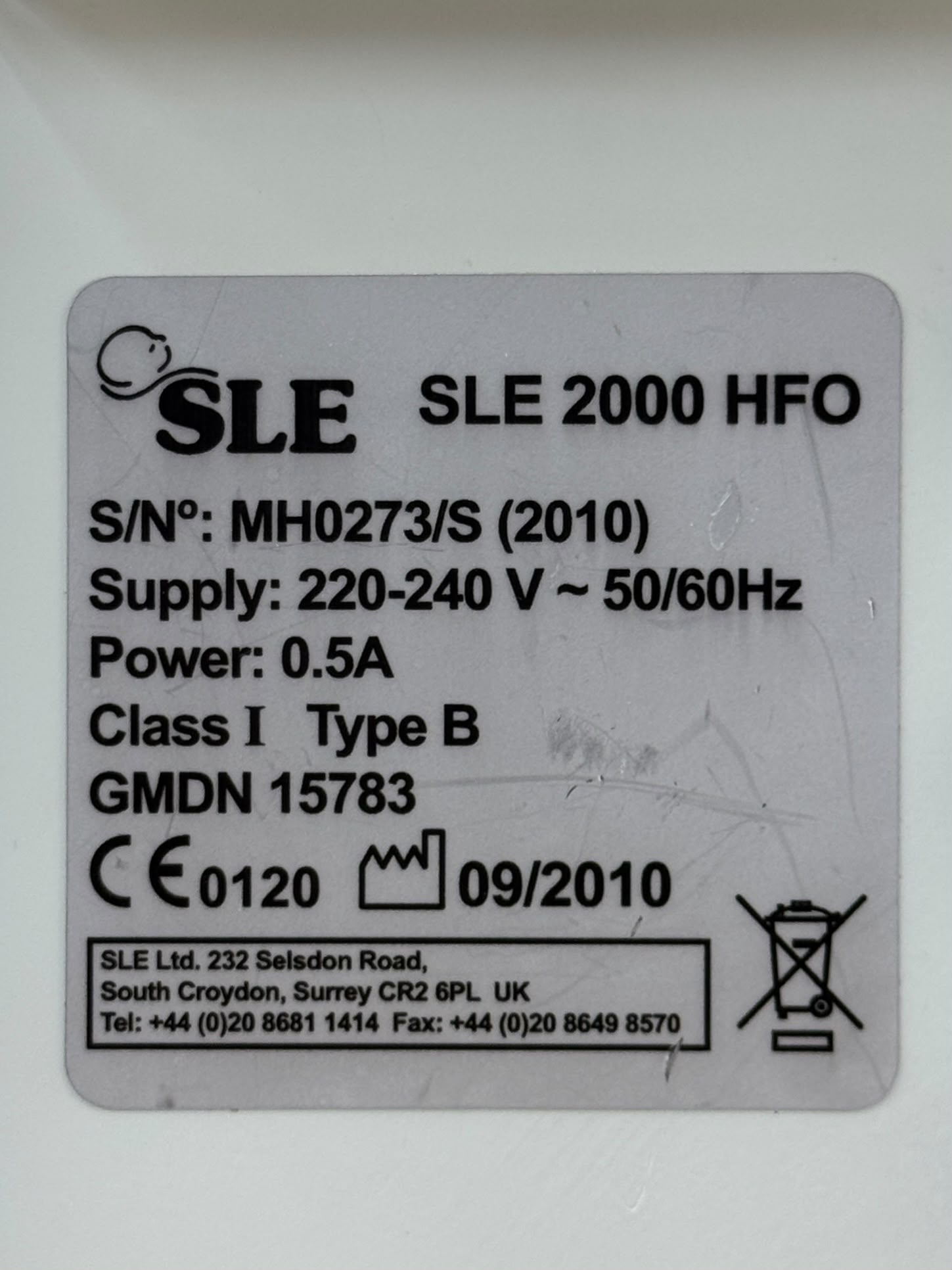 Used SLE 2000 HFO Neonatal Ventilator YOM: 2010