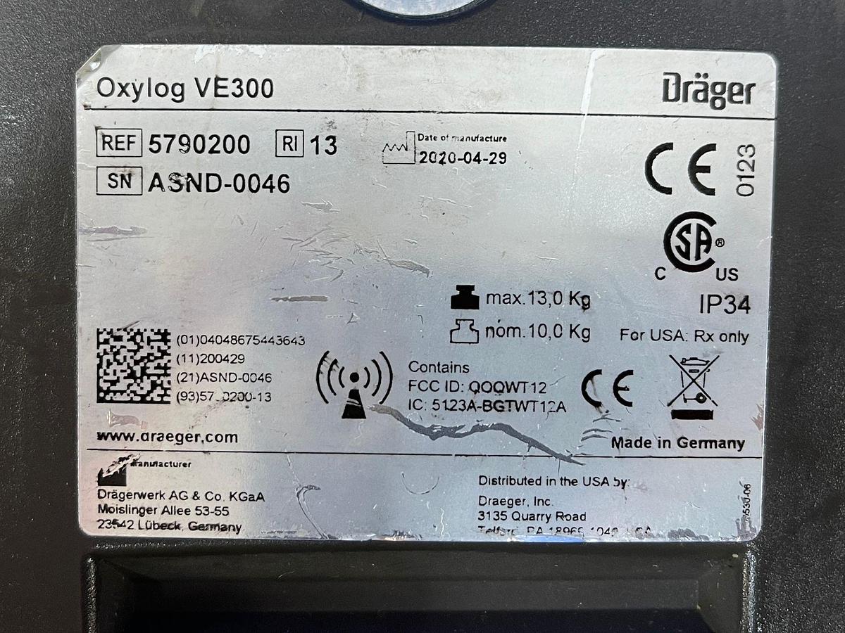 Used Dräger Oxylog VE300 Hours: 52 YOM: 2020