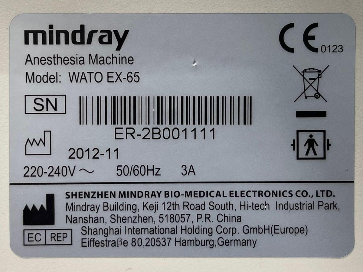 Used MINDRAY WATO EX-65 Anesthesia machine YOM: 2012