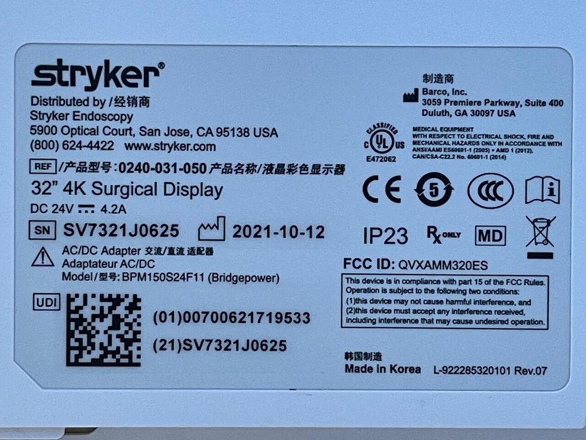Used STRYKER 1688 4K Tower Lcd Monitor 4k 32” YOM