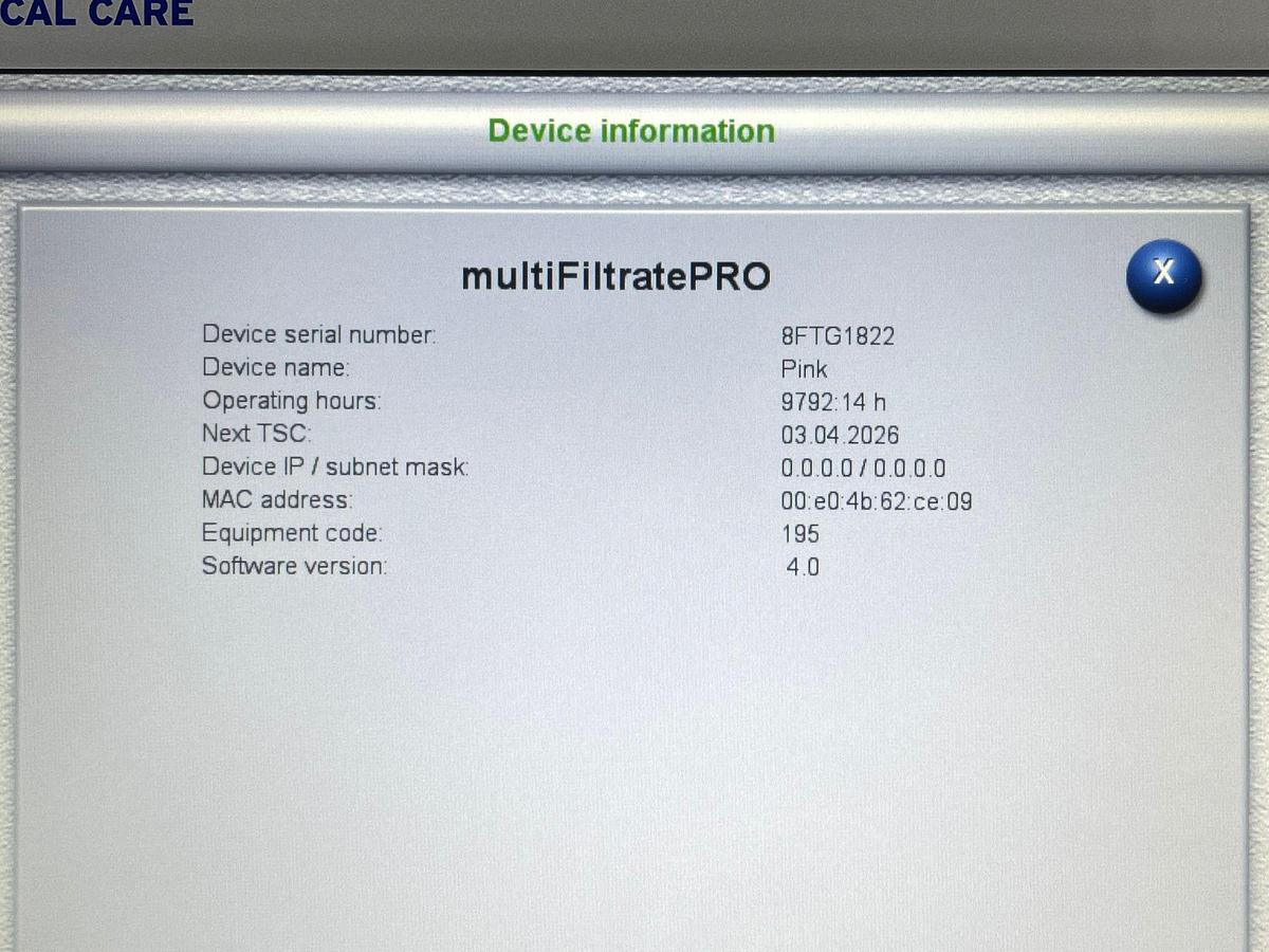 Used FRESENIUS MultiFiltratePro Dialysis Machine Low Working Hours YOM: 2018