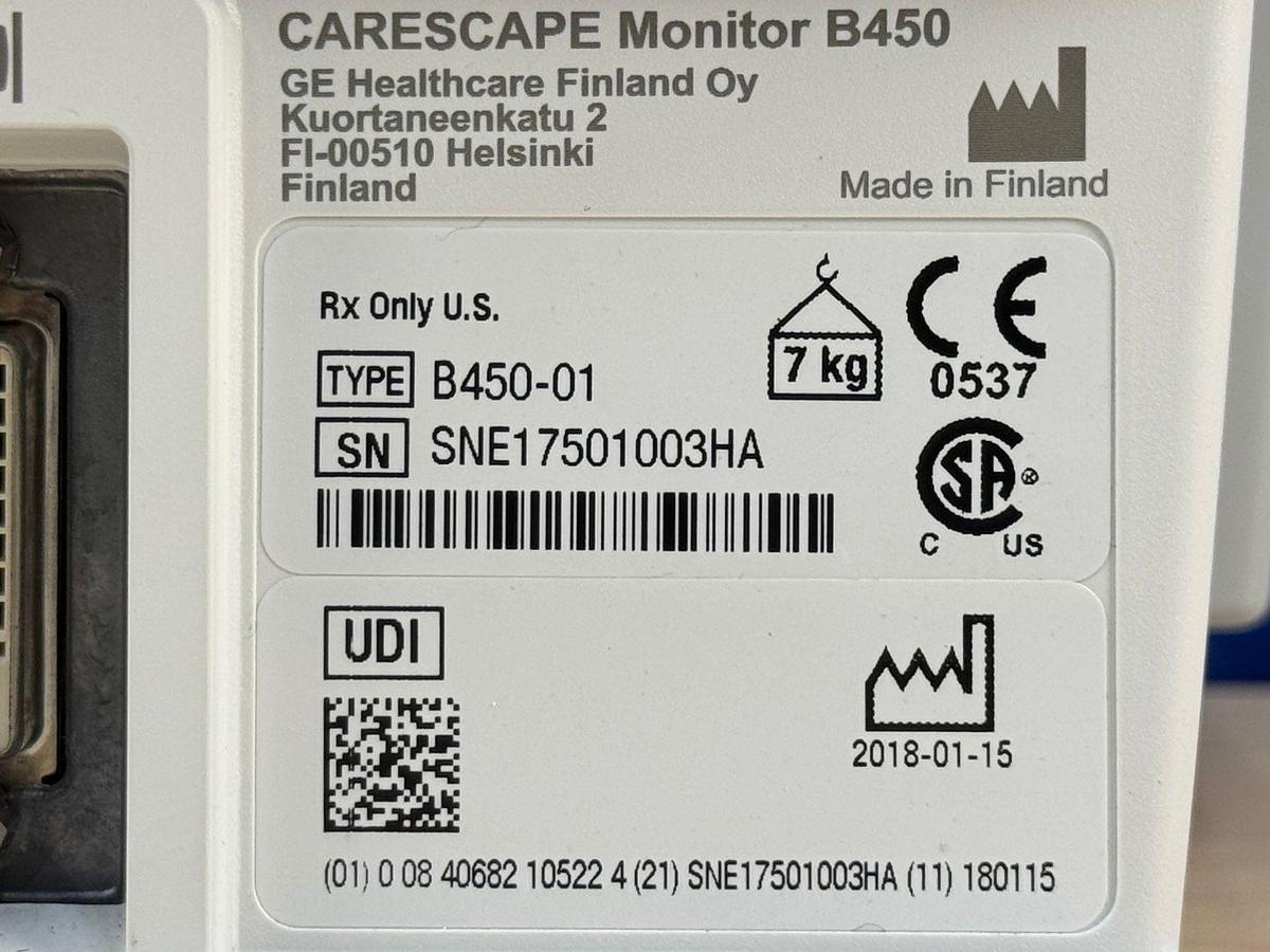Used GE B450 Patient Monitor YOM: 2018 Include GE E-MINIC Gass Module YOM: 2014