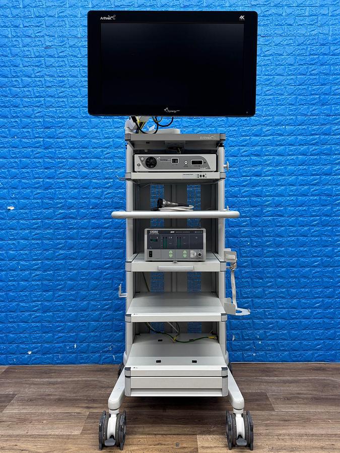 Used Arthrex 4K Laparoscopy Tower - LED 4K Monitor 32 inch YOM: 2018  - Synergy UHD4 4K Vision LED Image Processor  - Arthrex 4K Ultra Autoclave Camera Head    - Karl Storz Endoflator   - Arthrex Trolley