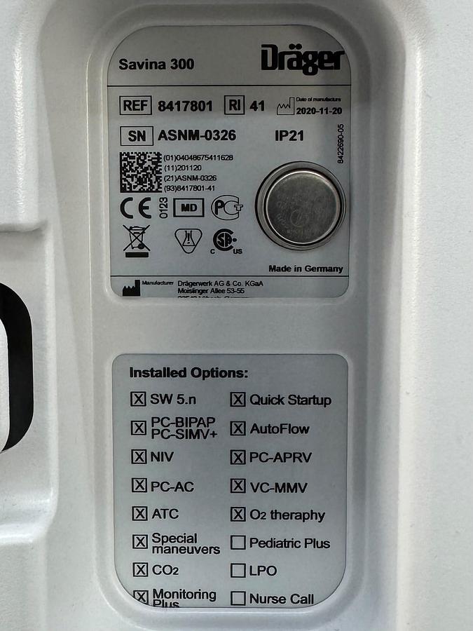 Used Dräger Savina 300 Ventilator YOM: 2020 Hours: 1547