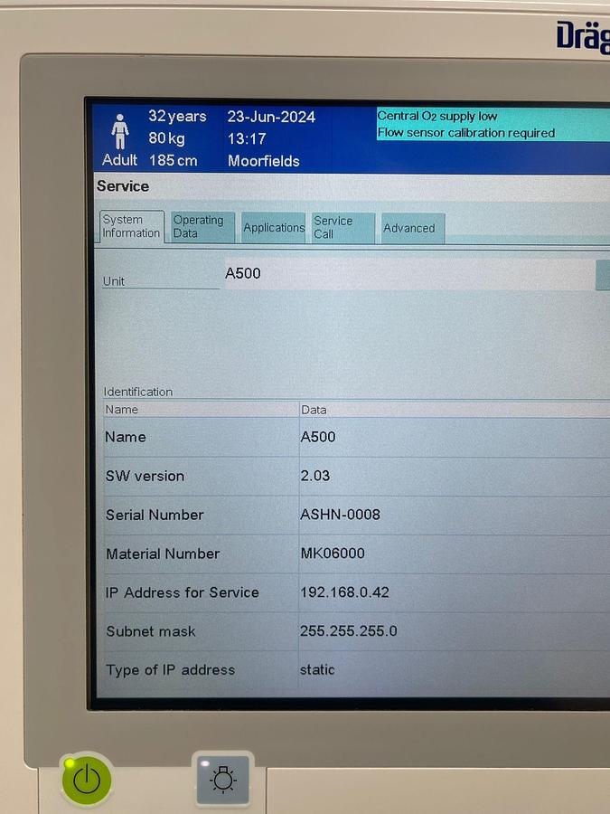 Used Dräger Perseus A500 Anesthesia YOM: 2015