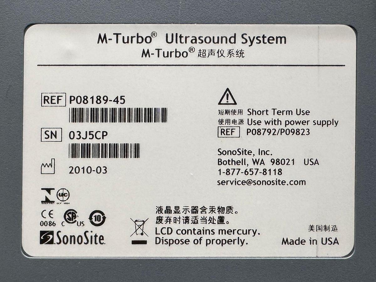 Used SonoSite Fujifilm M-Turbo Ultrasound REF: P08189-45 YOM: 2010 Probe HFL38x/13-6 MHz REF: PO7682-20 YOM: 2010