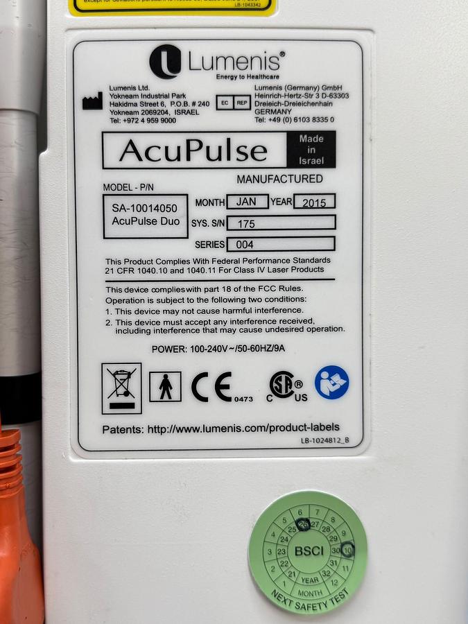 Used Lumenis ACUPULSE DUO Laser 40 Watt REF: SA-10014050 YOM: 2015 SN: 175 Include: Acupulse SurgiTouch Flash Scanner SN: 2118A Acuspot 712 Micromanipulator SN: 846 4x CO2 Laser Glasses