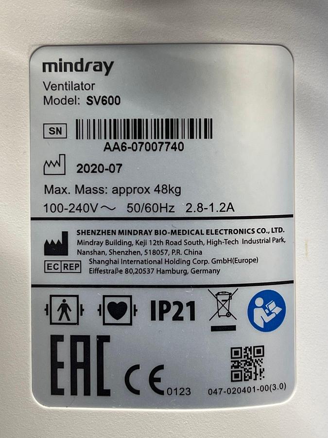 Used Mindray SV600 Ventilator YOM: 2020