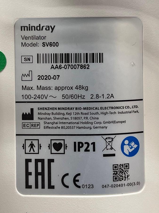 Used Mindray SV600 Ventilator YOM: 2020
