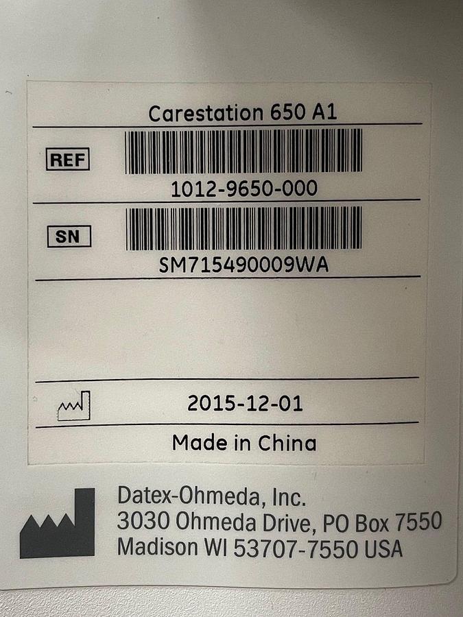 Used GE Datex Ohmeda Carestation 650 Anesthesia  YOM: 2015 