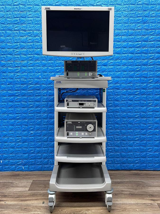 Used Karl Storz Laparoscopy Tower Karl Storz 24Inch LCD Monitor  Karl Storz Endoflator  Karl Storz Xenon 300 Karl Storz Image 1 Hub Karl Storz H3 Camera Head