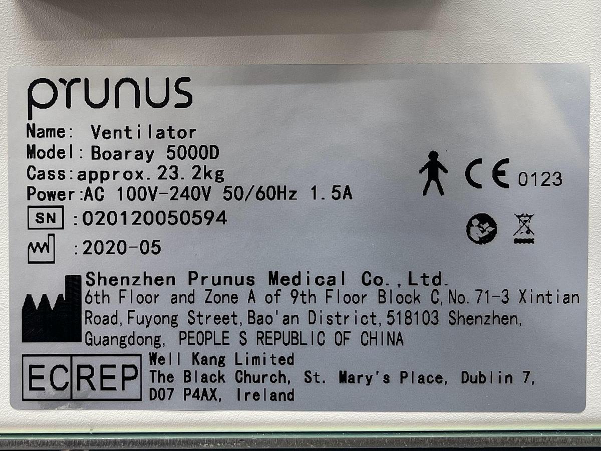 Used PRUNUS Boaray 5000D Ventilator, YOM: 2020 Including Fisher & Paykel 850 Ventilator